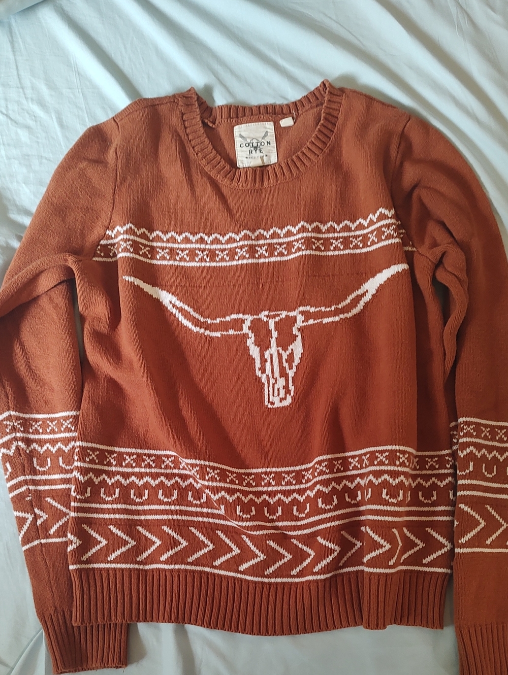 Cotton And Rye Rust Crewneck Sweater with White Longhorn Motif
